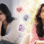 A thoughtful woman sits in a bright, modern home, looking hopeful and confident. Three translucent icons representing common myths about low libido—relationship problems, stress, and age—fade away beside her, symbolizing greater understanding of women's sexual wellness.