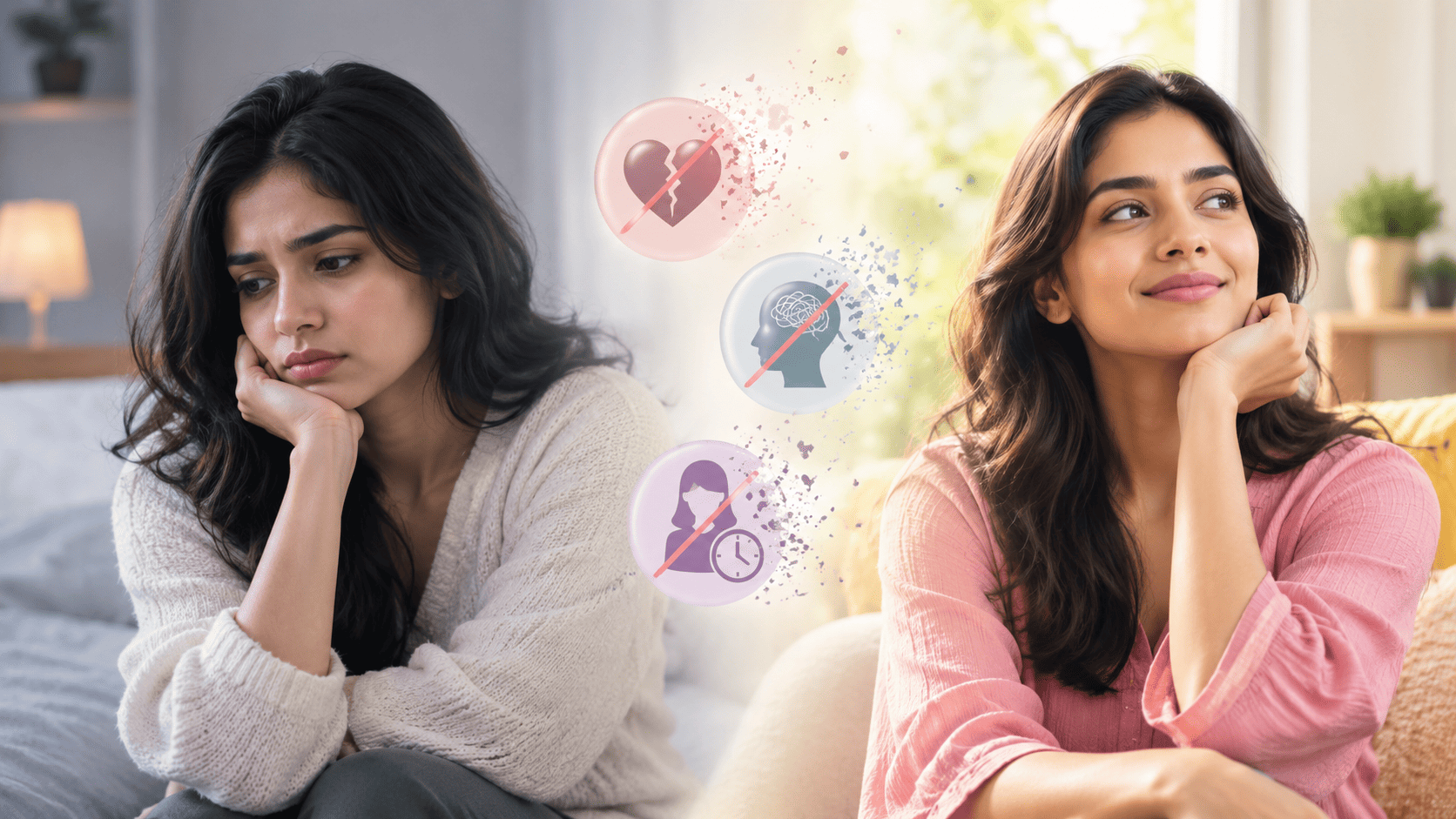 A thoughtful woman sits in a bright, modern home, looking hopeful and confident. Three translucent icons representing common myths about low libido—relationship problems, stress, and age—fade away beside her, symbolizing greater understanding of women's sexual wellness.