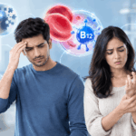 "Man and woman displaying unusual symptoms of Vitamin B12 deficiency, including fatigue, dizziness, tingling in hands and feet, memory problems, and mood changes, with a Vitamin B12 molecule and red blood cells illustrated in the background."