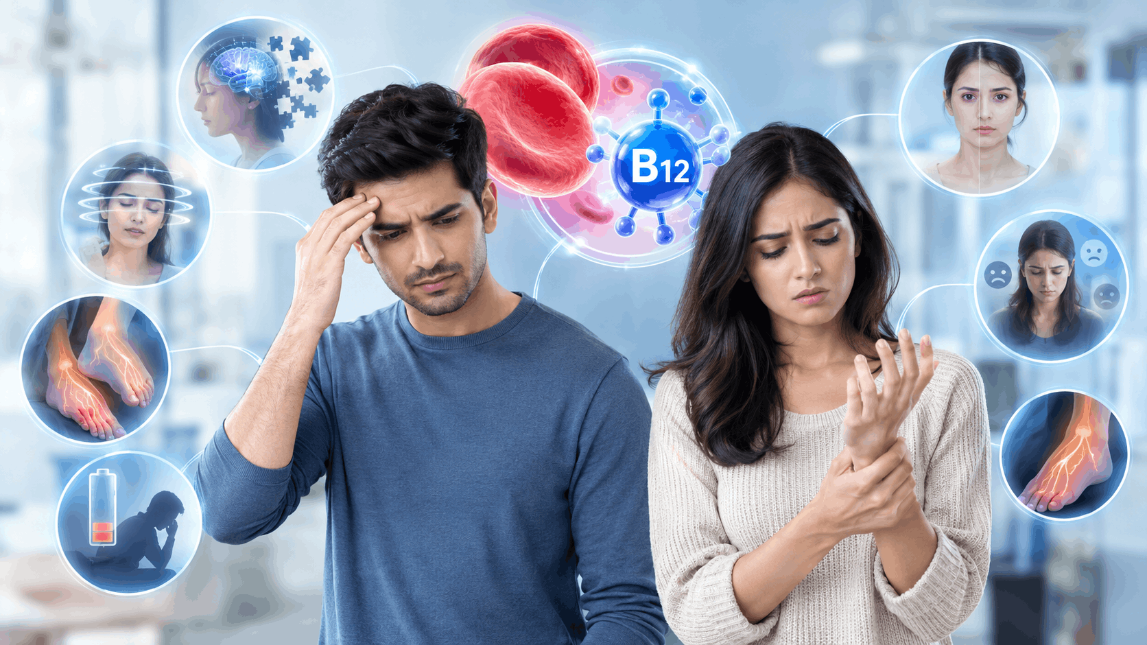 "Man and woman displaying unusual symptoms of Vitamin B12 deficiency, including fatigue, dizziness, tingling in hands and feet, memory problems, and mood changes, with a Vitamin B12 molecule and red blood cells illustrated in the background."