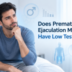 “Concerned man sitting thoughtfully with subtle hormone and testosterone graphics beside the headline ‘Does Premature Ejaculation Mean You Have Low Testosterone?’”