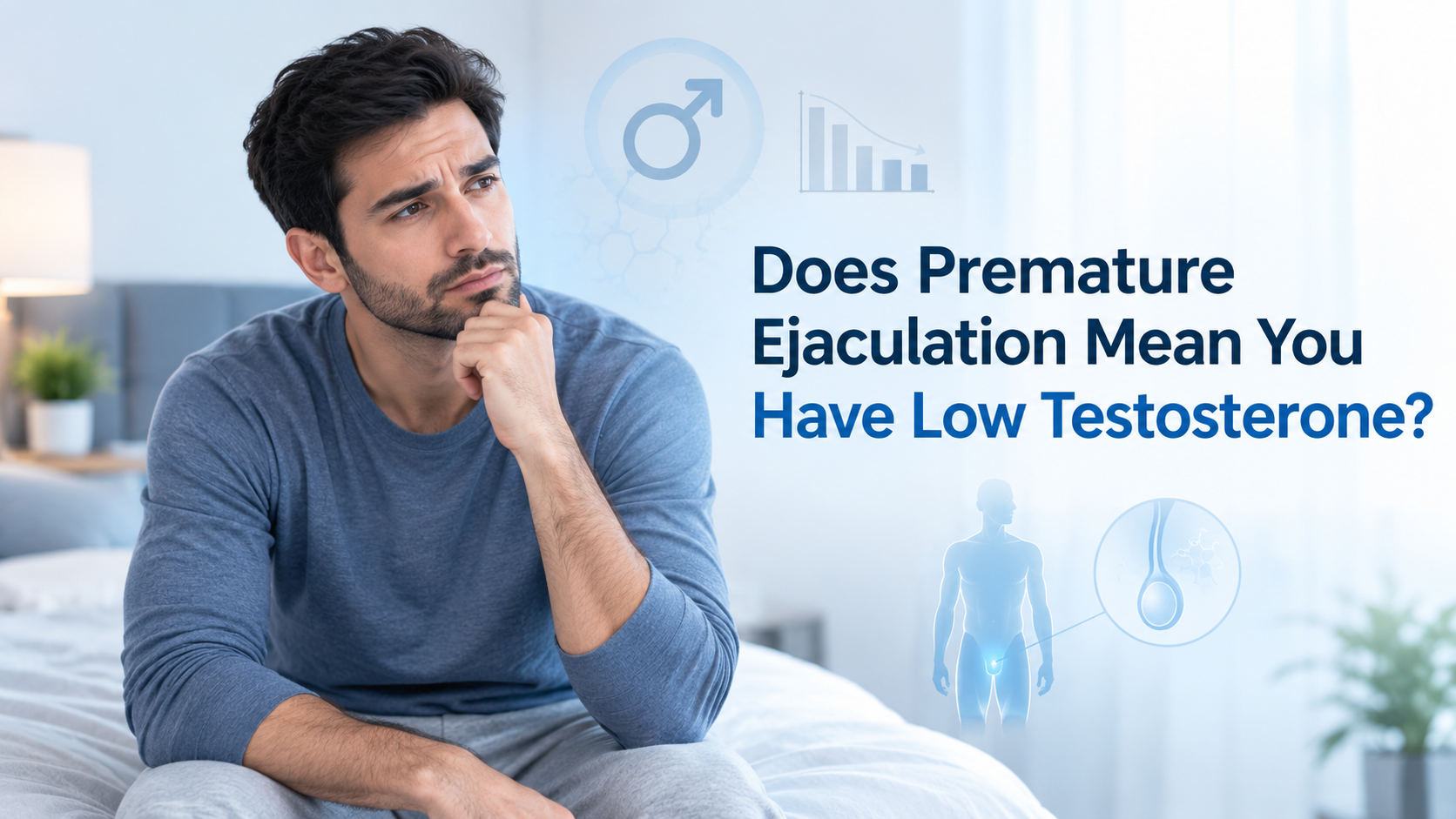 “Concerned man sitting thoughtfully with subtle hormone and testosterone graphics beside the headline ‘Does Premature Ejaculation Mean You Have Low Testosterone?’”