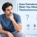 Worried man considering whether premature ejaculation could be related to low testosterone, with stopwatch, testosterone, blood-test, and hormone-health graphics.