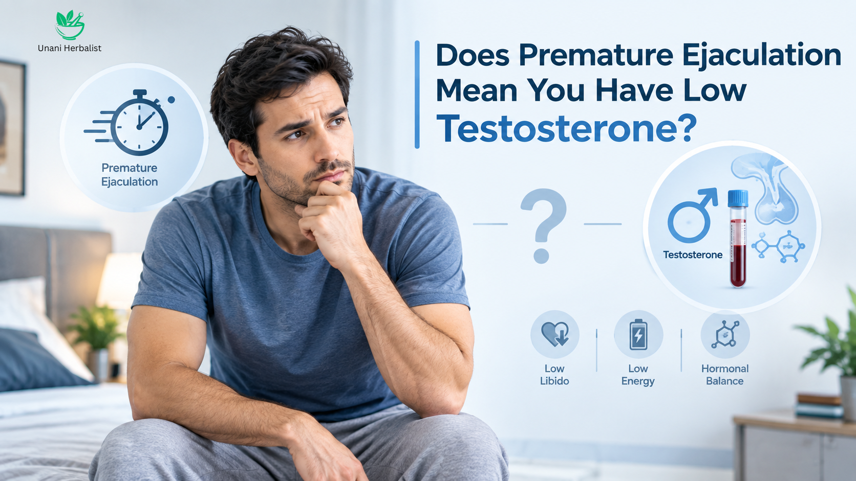 Worried man considering whether premature ejaculation could be related to low testosterone, with stopwatch, testosterone, blood-test, and hormone-health graphics.