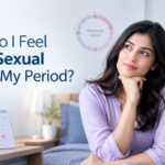 Adult woman reflecting on increased sexual feelings before her period, with subtle menstrual cycle and hormone graphics in the background.