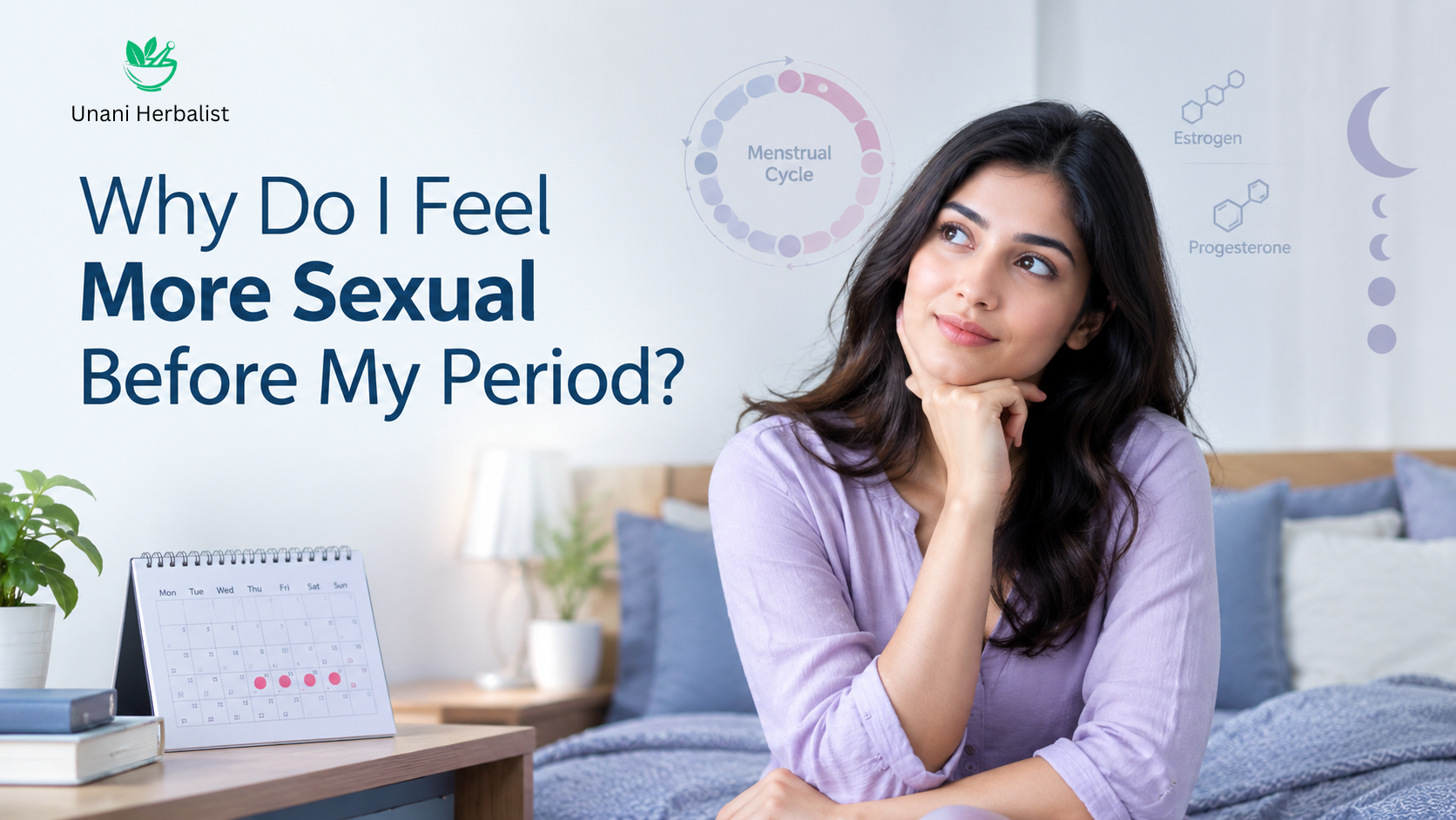 Adult woman reflecting on increased sexual feelings before her period, with subtle menstrual cycle and hormone graphics in the background.