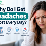 Woman experiencing frequent headaches and holding her temples, with medical icons representing stress, neck problems, migraine, dehydration, and frequent painkiller use.