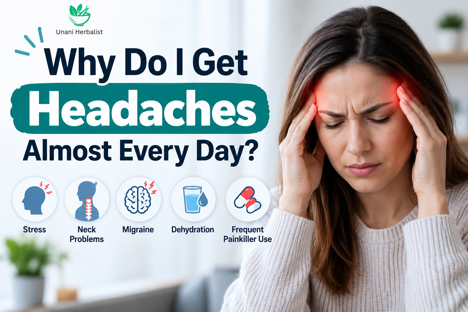Woman experiencing frequent headaches and holding her temples, with medical icons representing stress, neck problems, migraine, dehydration, and frequent painkiller use.