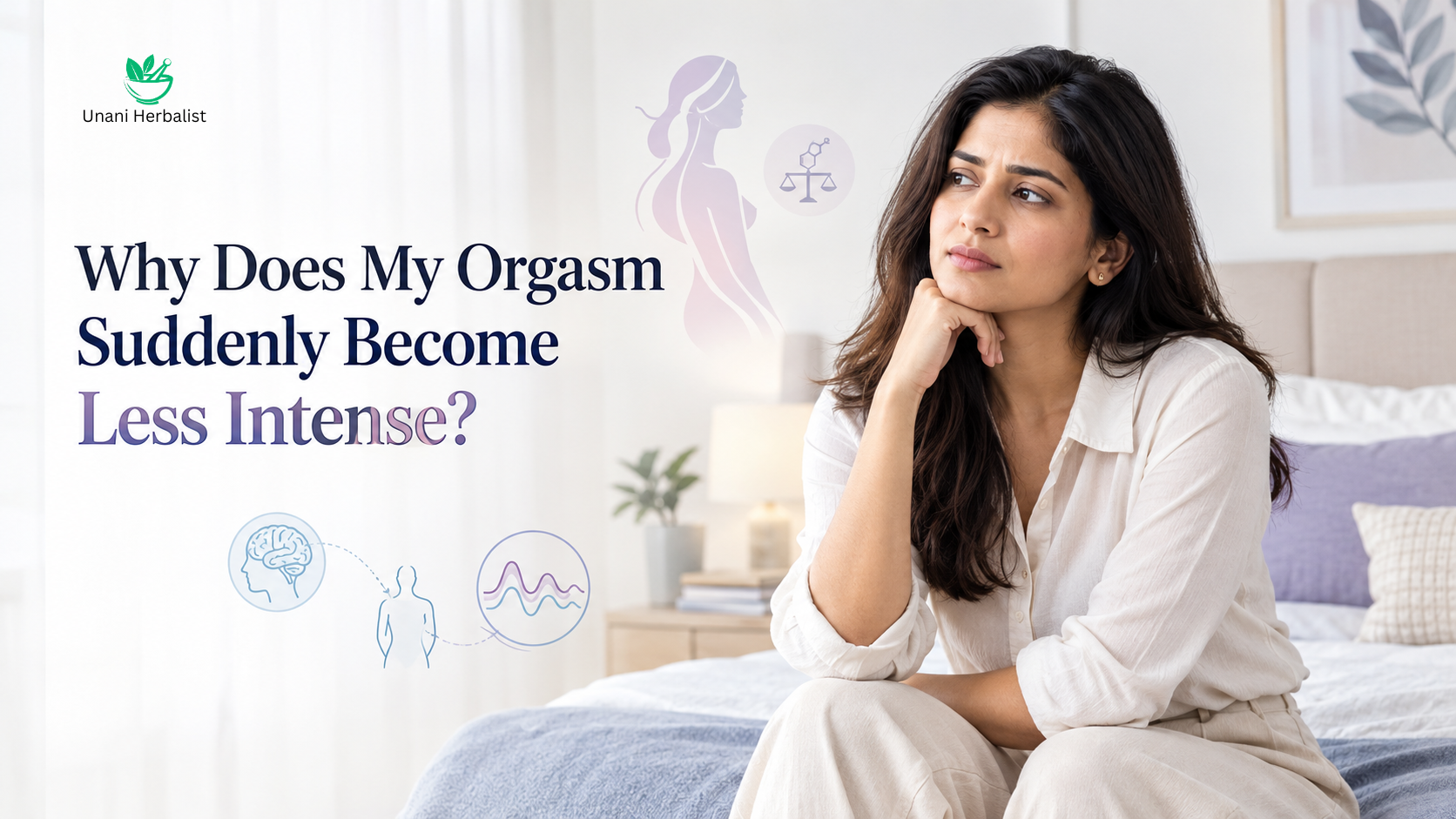 Indian woman reflecting on a sudden change in orgasm intensity and sexual wellbeing in a modern wellness setting.