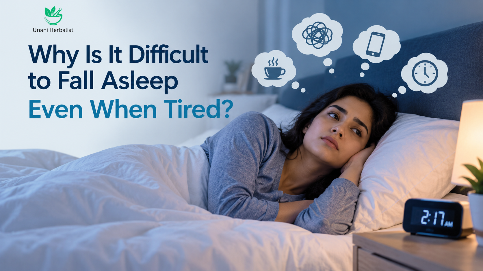 Woman lying awake in bed despite feeling tired, illustrating difficulty falling asleep due to stress, overthinking, screen time, and disrupted sleep patterns.